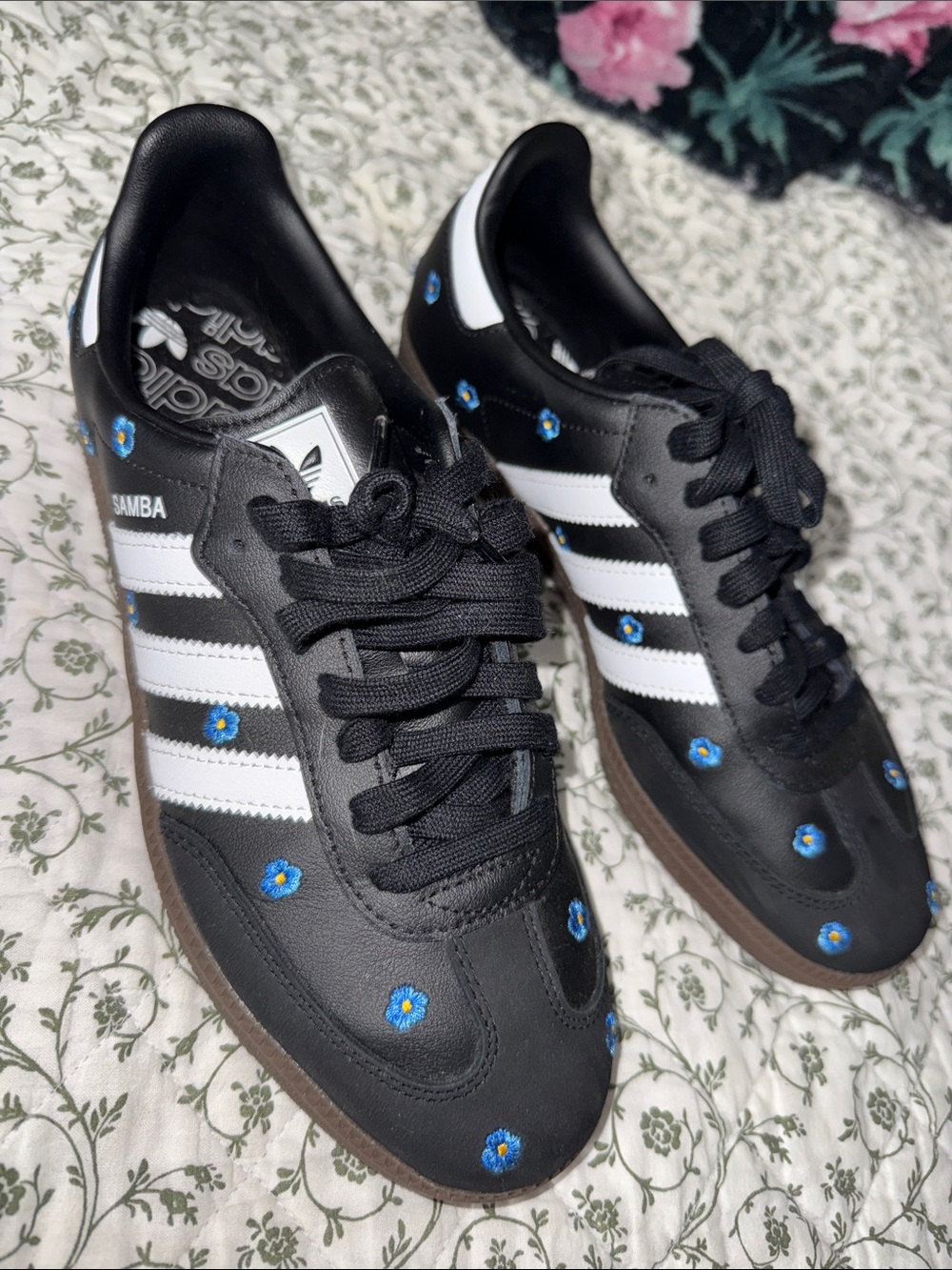 adidas Black White Samba Sneakers with Blue Floral Embroidery